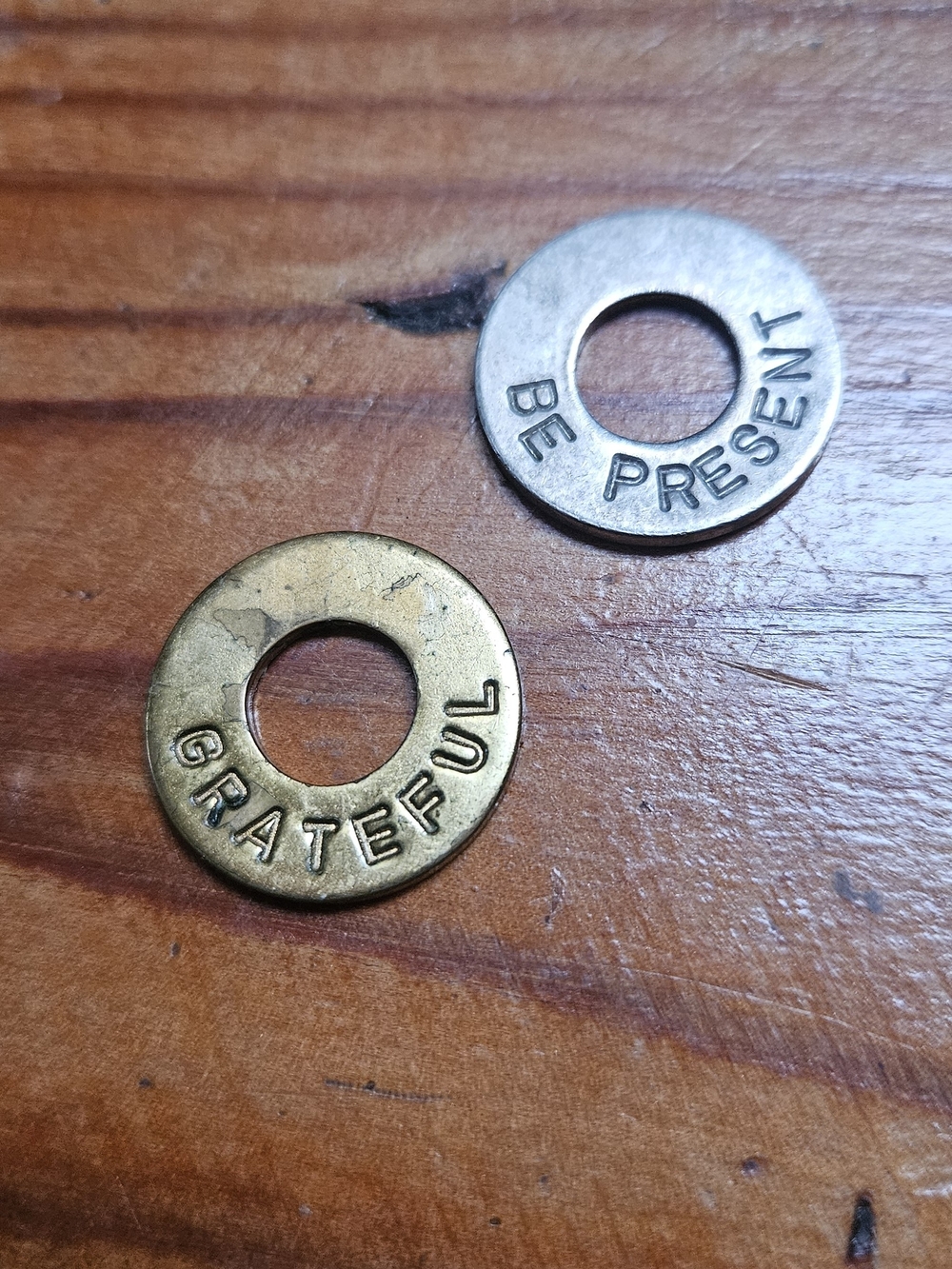 Grateful & Be Present Washer Charms - Brass and Silver Tone